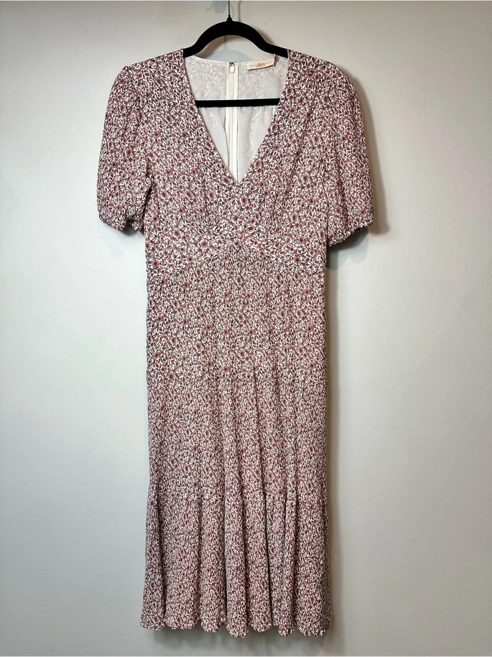 Tory Burch Floral Silk Cotton Midi Dress Pockets Puff Sleeve Lined Size 6